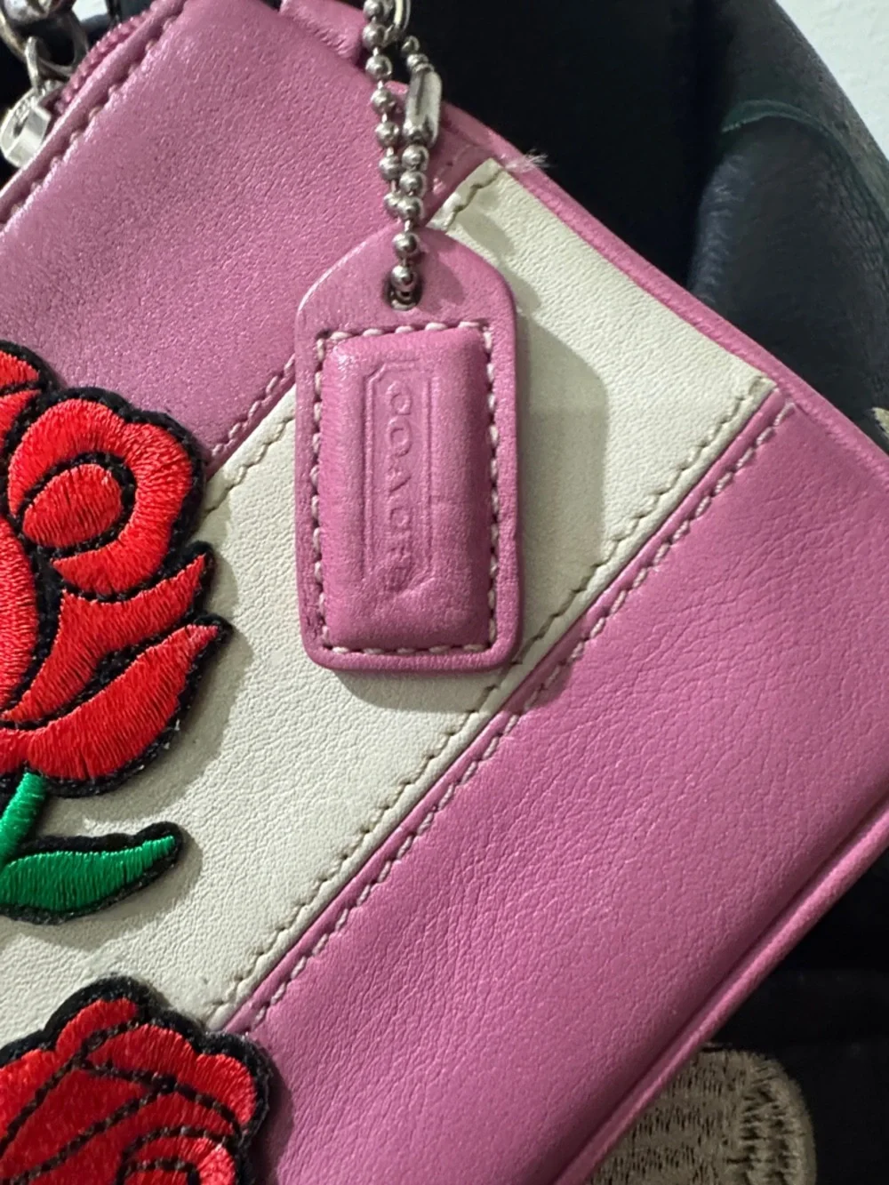 Rare Coach Pink Rose Appliqué Wristlet with Cream Stripe